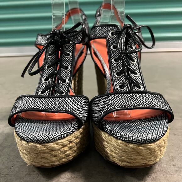 Via Spiga (9) Kassiana Black Leather Espadrille Platform Wedge Heel Sandal Shoes - Picture 4 of 10